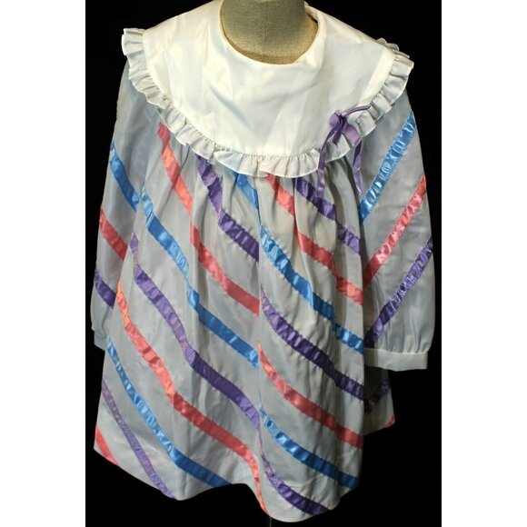 VTG 80s Rare Editions Girls Dress sz 6 White Multicolored Striped Long Sleeve - Picture 2 of 11